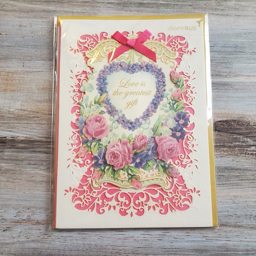 Papyrus Gorgeous Glittered Romantic Kraft Cutout Beaded Heart Roses Valentine's